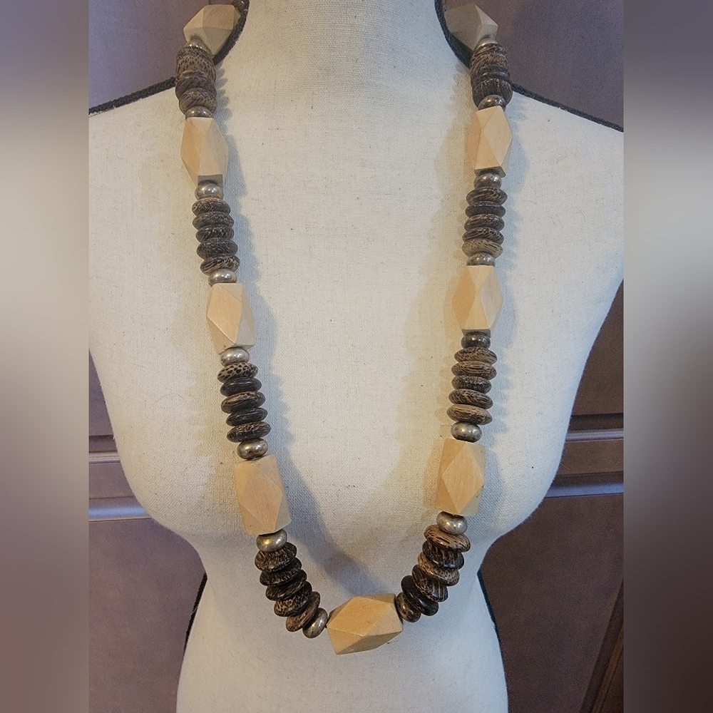 Vintage 32” Wood Bead Necklace Natural Seed Nut Beads Silver Tone Statement